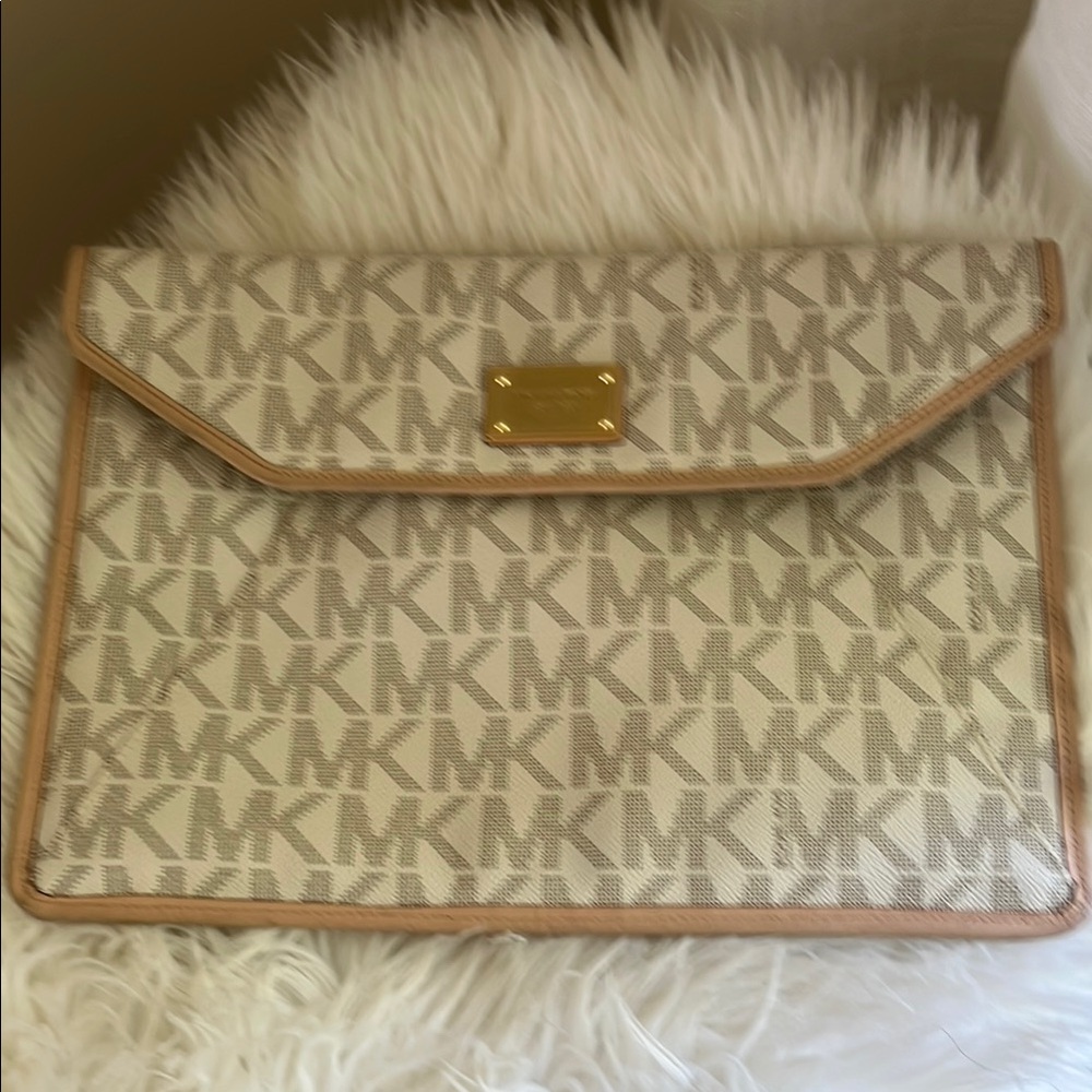 Michael Kors Cream and Tan Laptop Bag with Monogram